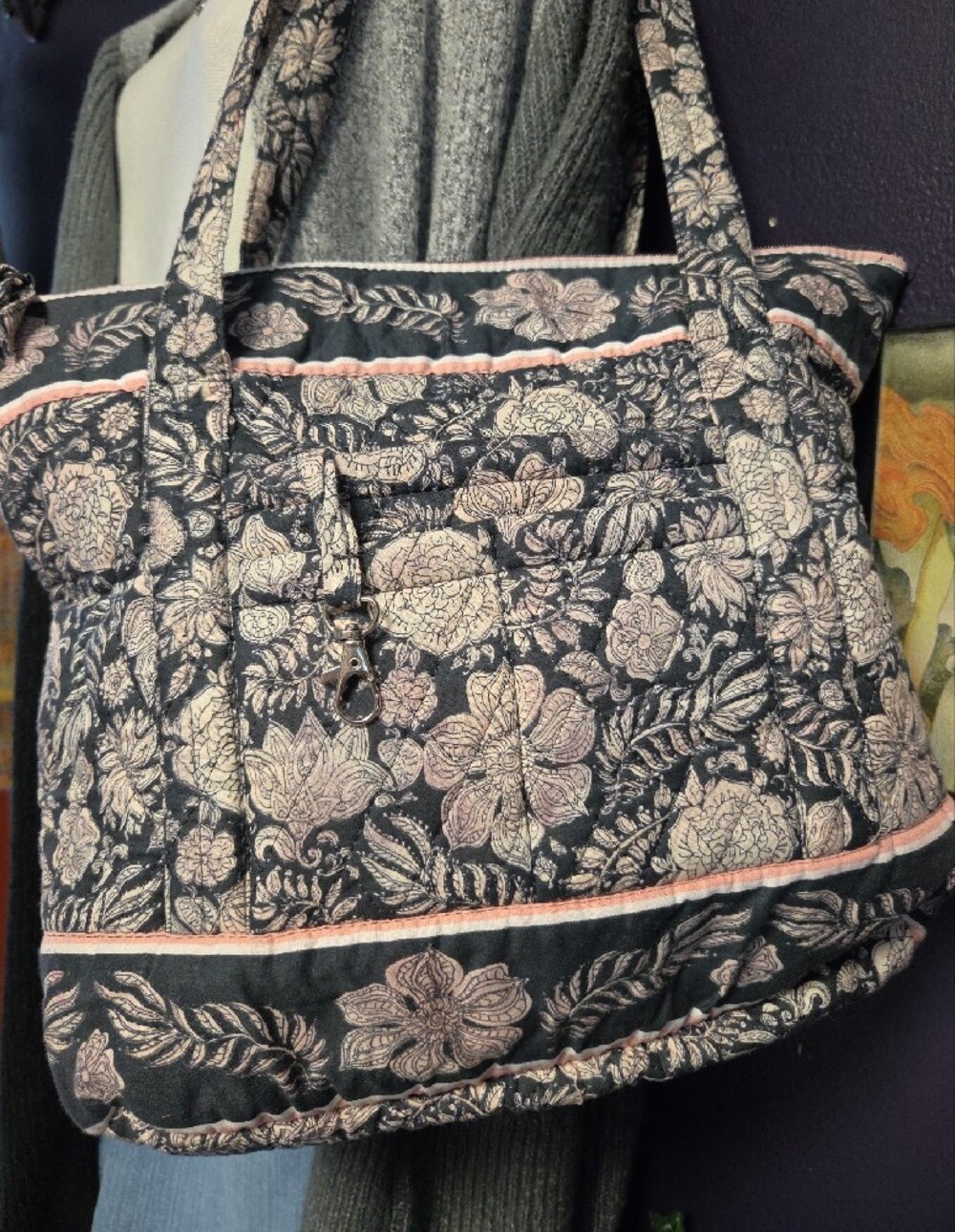 100% Cotton Quilted Floral Tote Bag in Pink and Black
